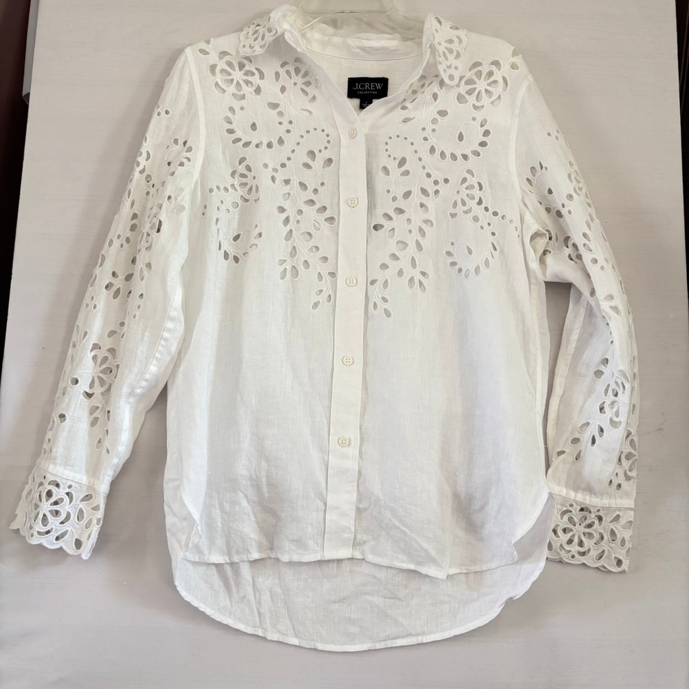 J.Crew Collection White Linen‎ Eyelet Embroidered Button Down Shirt Camisole 6